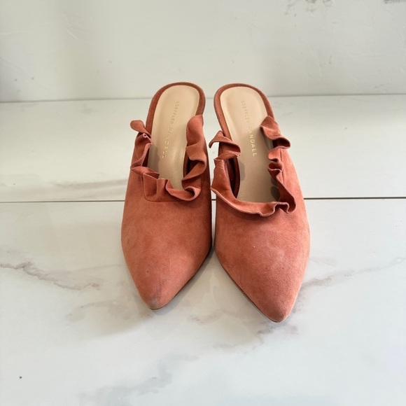 Loeffler Randall Langley Heel Suede Ruffle Mules Dusty Rose - Picture 3 of 7